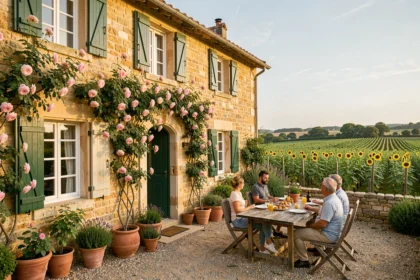 Vue d'ensemble d'une chambre d'hôtes typique en Charente-Maritime, maison en pierre avec jardin fleuri et table de petit-déjeuner en terrasse