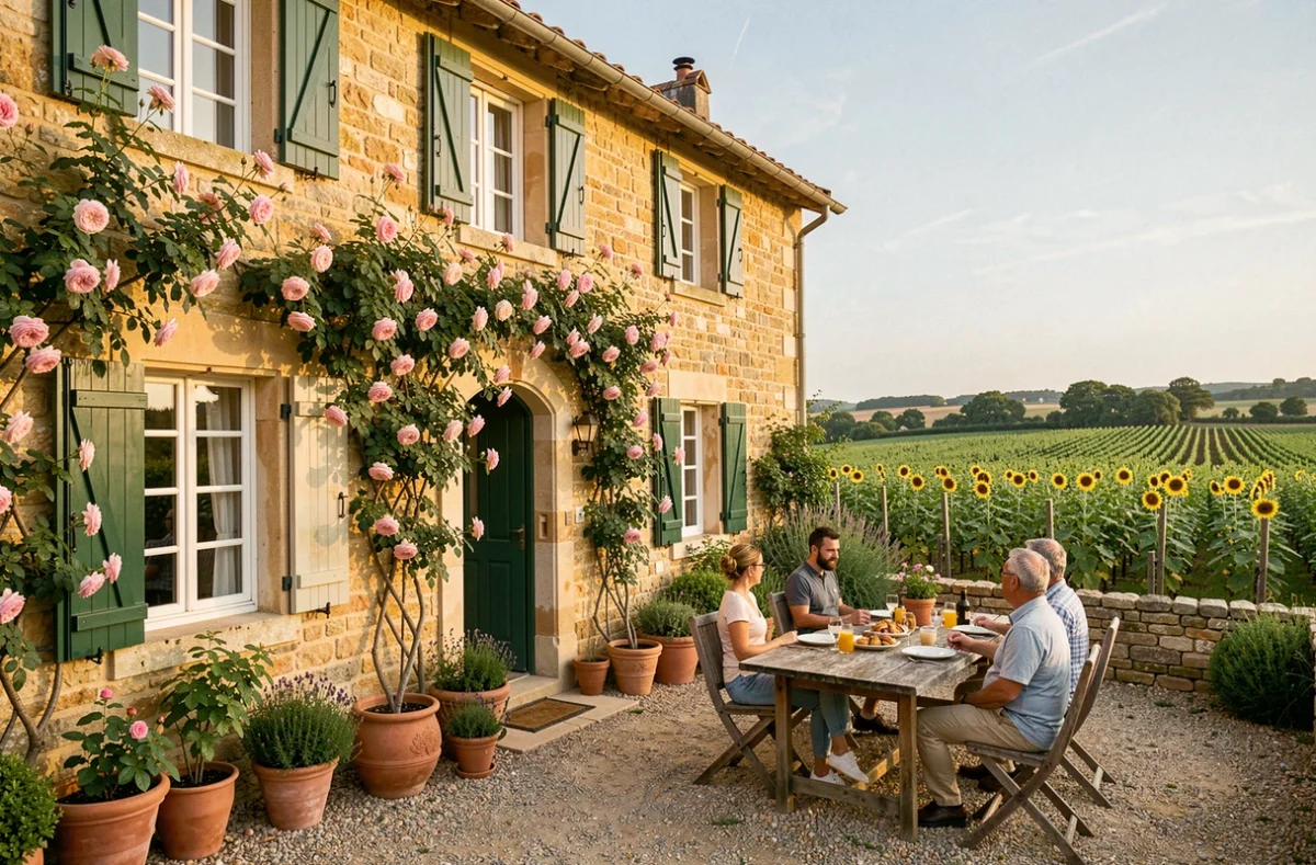 Vue d'ensemble d'une chambre d'hôtes typique en Charente-Maritime, maison en pierre avec jardin fleuri et table de petit-déjeuner en terrasse