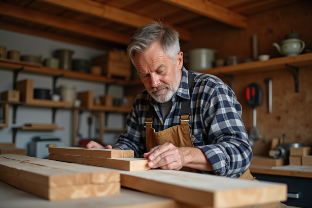 Charpentier suisse examinant des échantillons de bois dans un atelier chaleureux