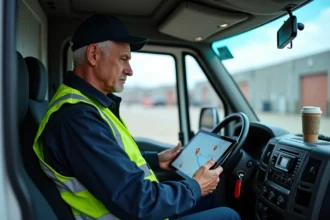 Chauffeur livreur professionnel consultant une application d'optimisation de tournées ViaMichelin sur tablette dans sa camionnette