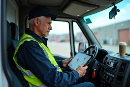 Chauffeur livreur professionnel consultant une application d'optimisation de tournées ViaMichelin sur tablette dans sa camionnette