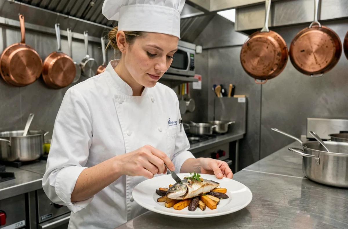 Cheffe cuisinière préparant un plat gastronomique dans la cuisine d'un bateau de croisière sur le Rhin
