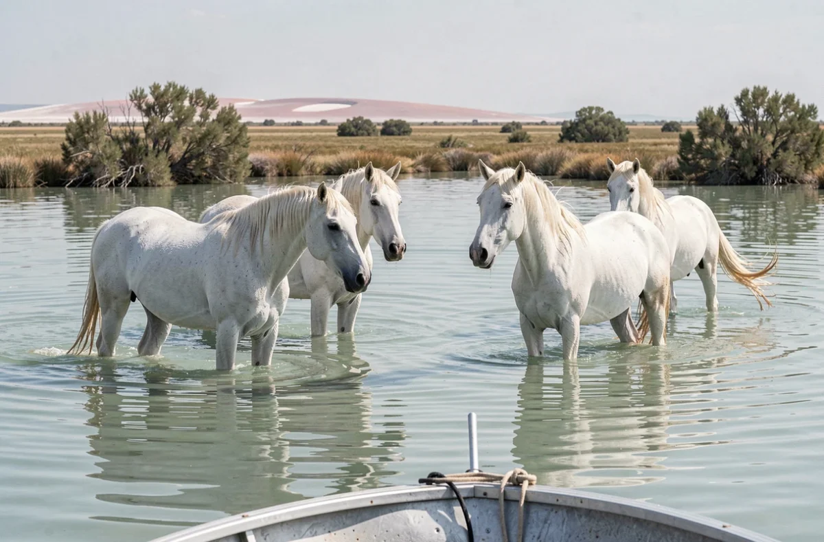 Chevaux blancs de Camargue traversant un étang lors d'une excursion en bateau dans les manades camarguaises