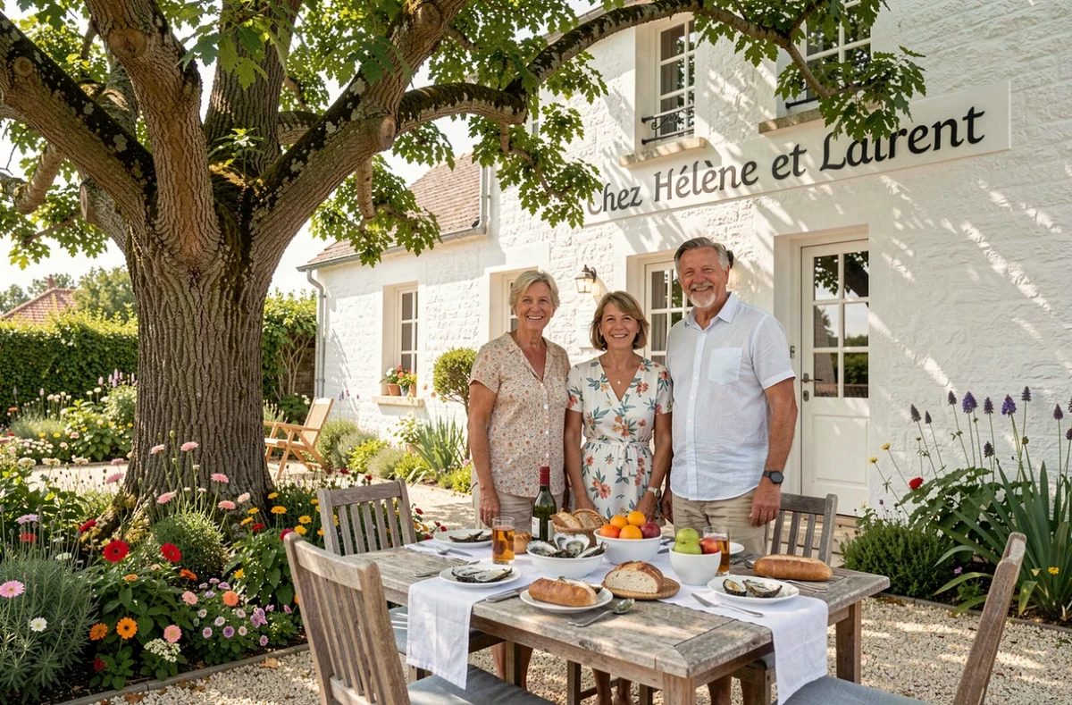 Chez Hélène et Laurent à Saint-Pierre-d'Oléron, maison oléronaise blanche avec terrasse jardin et table du petit-déjeuner aux huîtres locales