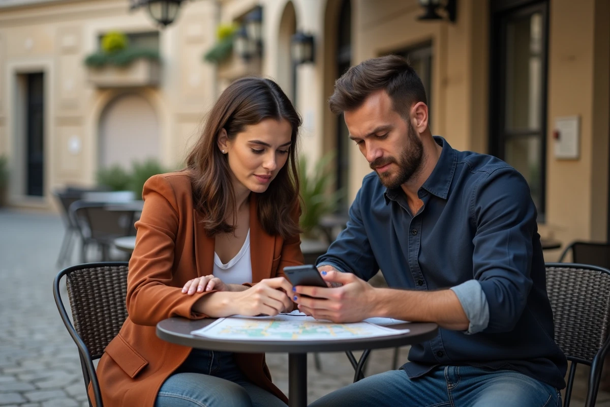 Deux collègues cherchant une ville introuvable sur une application cartographique en terrasse de café