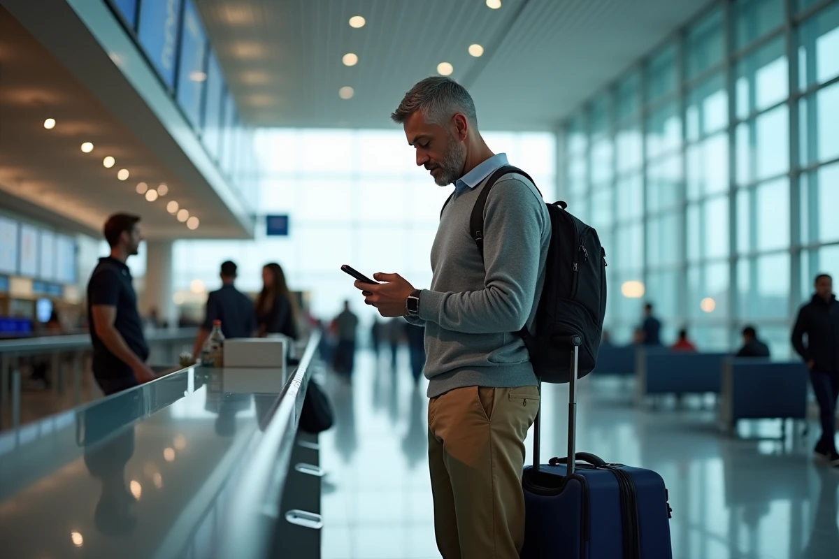 Homme consultant une application de comparaison de vols dans un terminal d'aéroport international