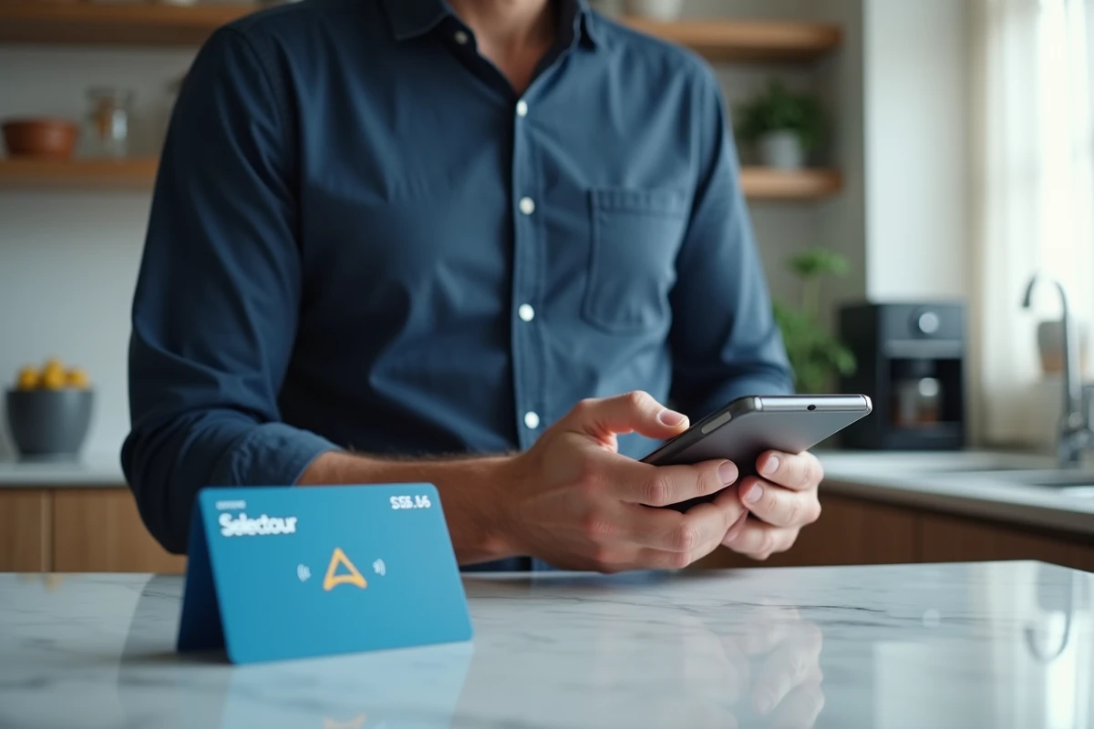 Homme consultant le solde d'une carte cadeau voyage sur son smartphone en cuisine
