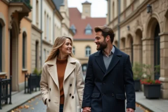 Couple en amoureux se promenant main dans la main dans les rues pavées historiques de Dijon avec le Palais des Ducs en arrière-plan