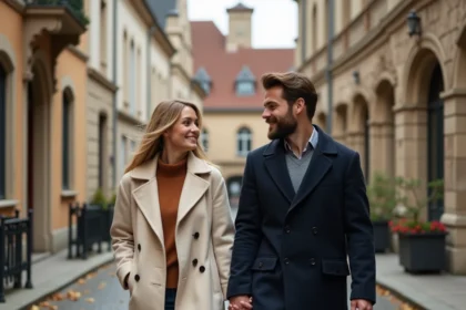 Couple en amoureux se promenant main dans la main dans les rues pavées historiques de Dijon avec le Palais des Ducs en arrière-plan