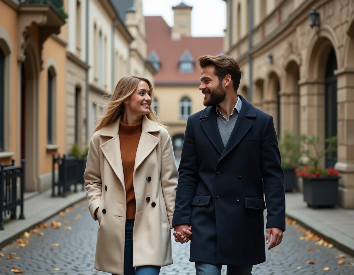 Couple en amoureux se promenant main dans la main dans les rues pavées historiques de Dijon avec le Palais des Ducs en arrière-plan