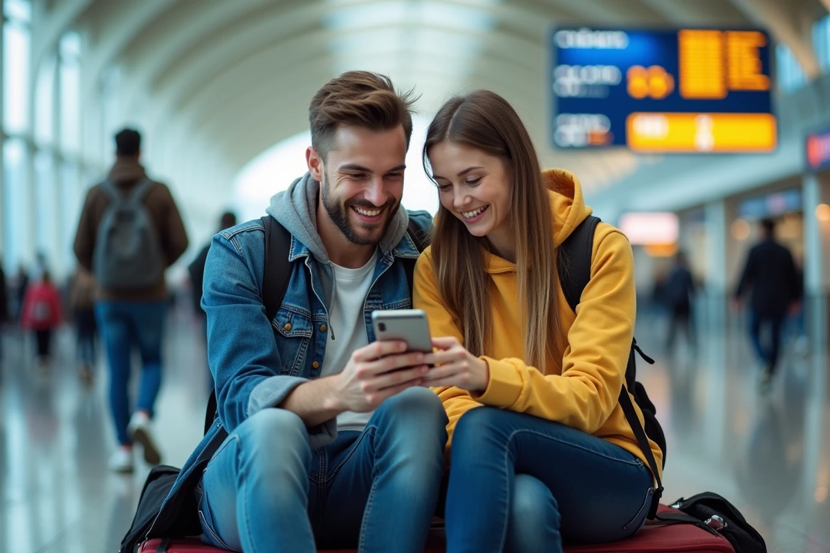Couple de voyageurs consultant une alerte de bon plan sur Google Flights dans un hall de départ d'aéroport international