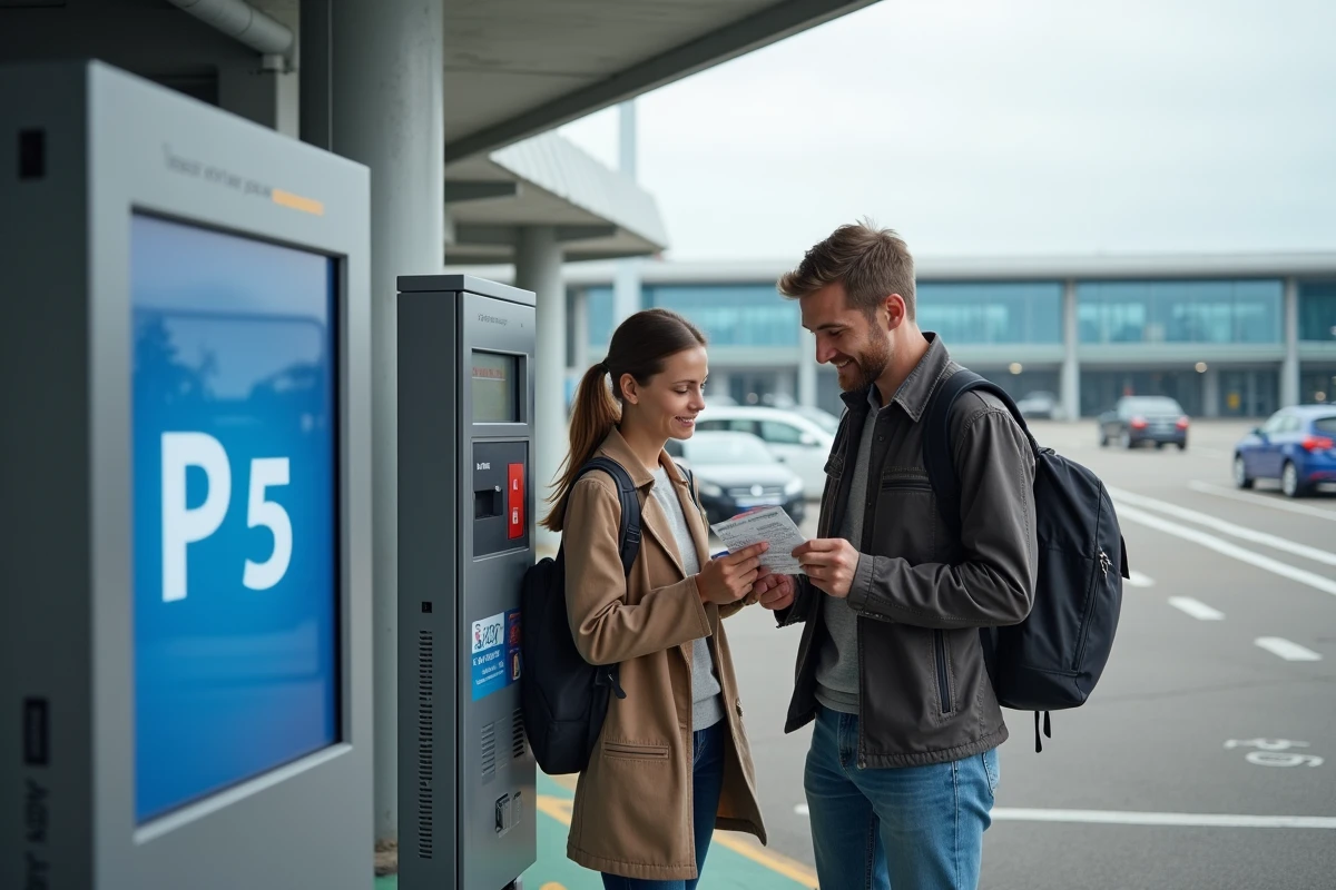 Couple réglant le stationnement à la borne de paiement du parking P5 de l'aéroport Toulouse-Blagnac
