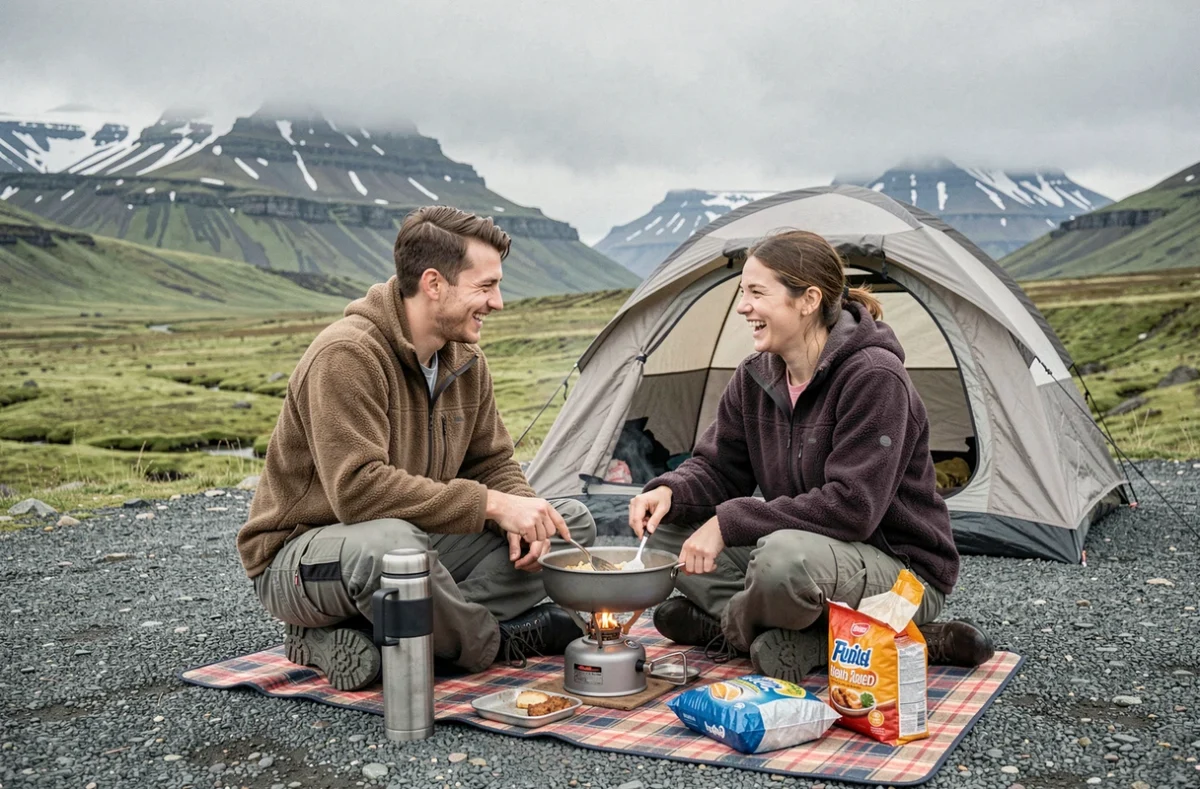 Couple de voyageurs cuisinant sur un réchaud de camping dans un camping islandais avec vue sur les montagnes