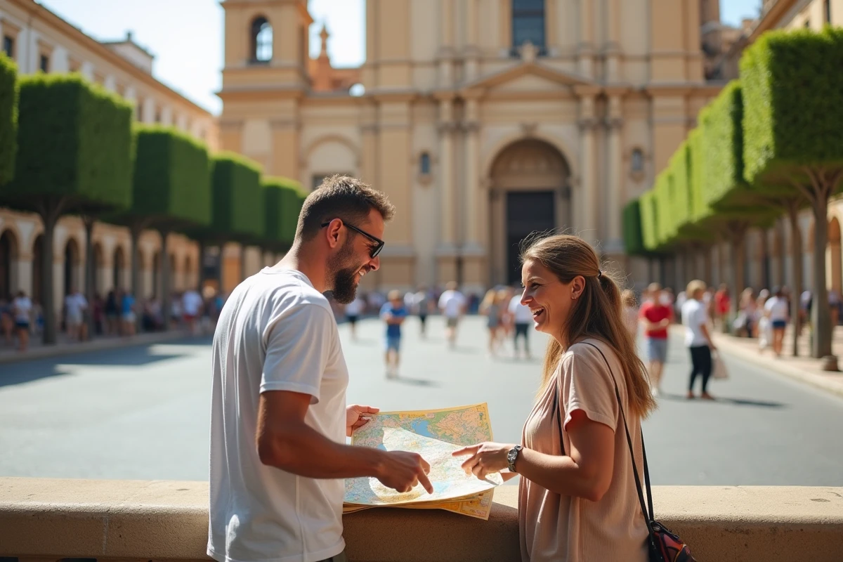 Couple étudiant une carte touristique de Malaga devant la cathédrale en plein air