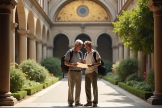 Couple en voyage devant la cloître de Monreale en Sicile