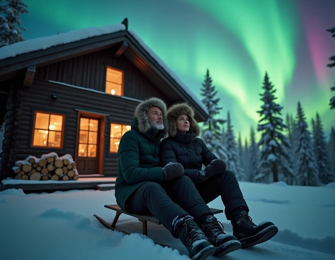 Couple assis devant un chalet finlandais en bois sous une aurore boréale verte et magenta