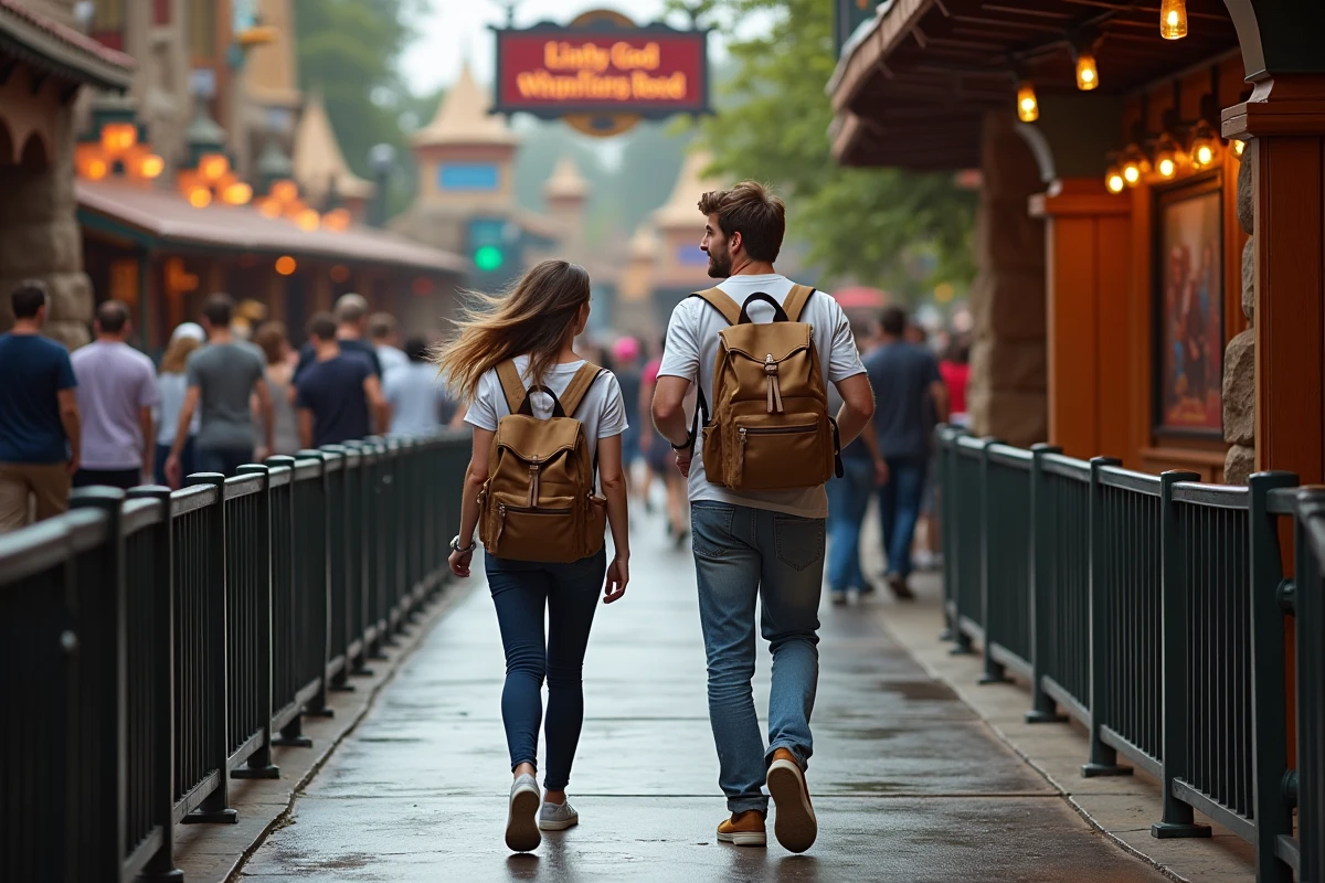 Couple empruntant le couloir de retour FastPASS vide à Disneyland Paris, contournant la longue file d'attente classique d'une attraction populaire