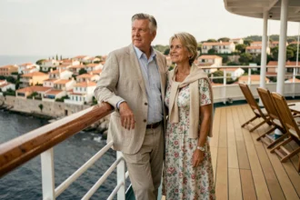 Couple de voyageurs sur le pont d'un paquebot de croisière tour du monde admirant un port méditerranéen