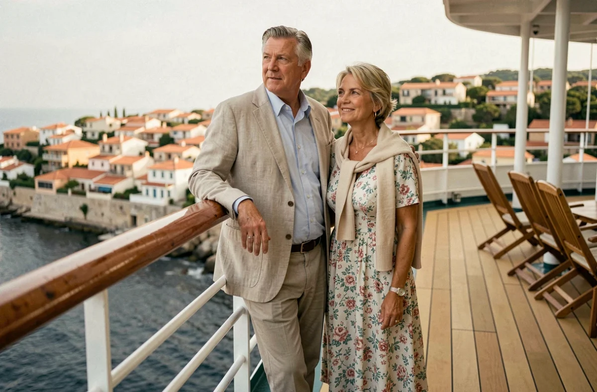 Couple de voyageurs sur le pont d'un paquebot de croisière tour du monde admirant un port méditerranéen