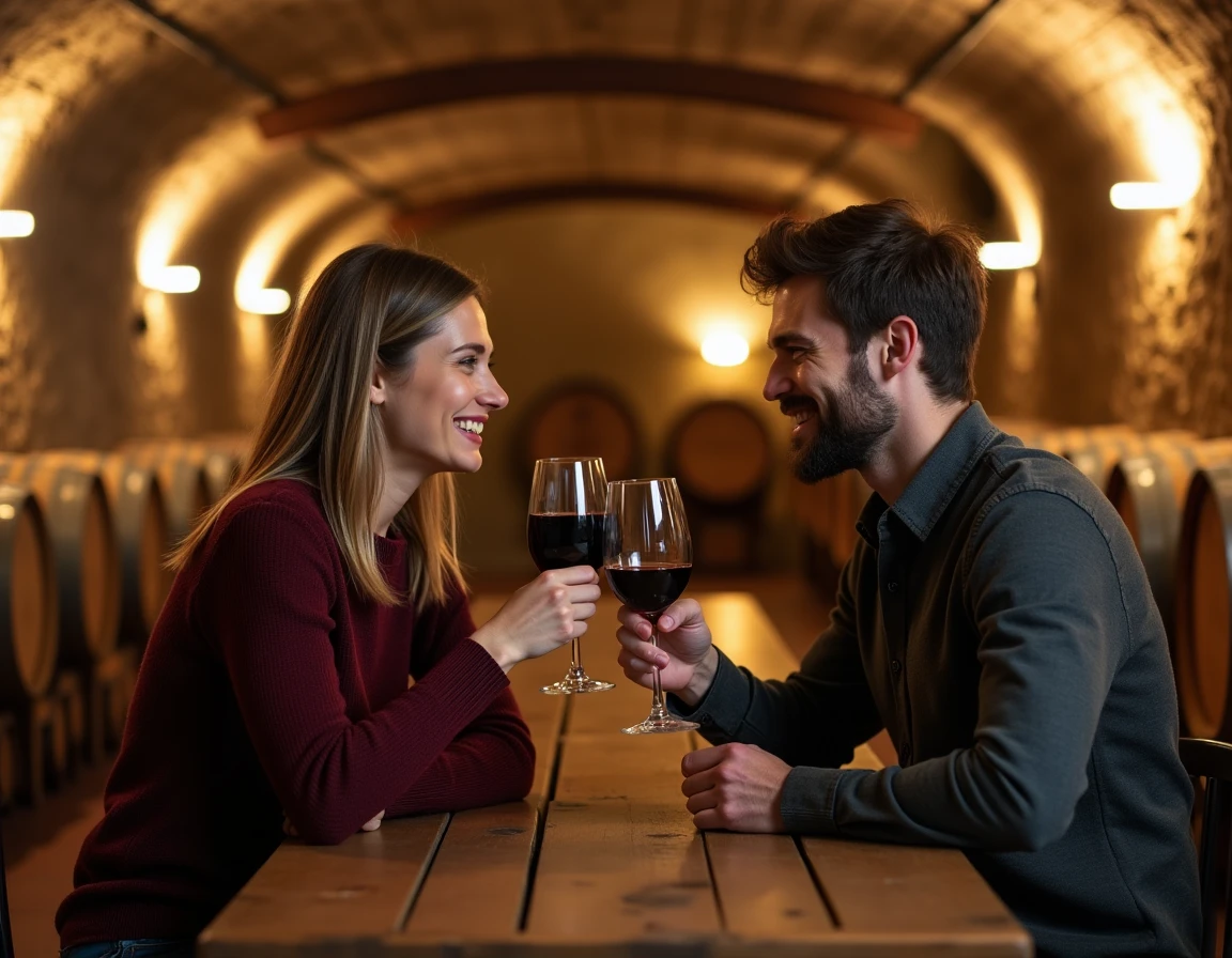 Couple romantique dégustant du vin de Bourgogne dans une cave à vins traditionnelle de Dijon aux murs en pierre
