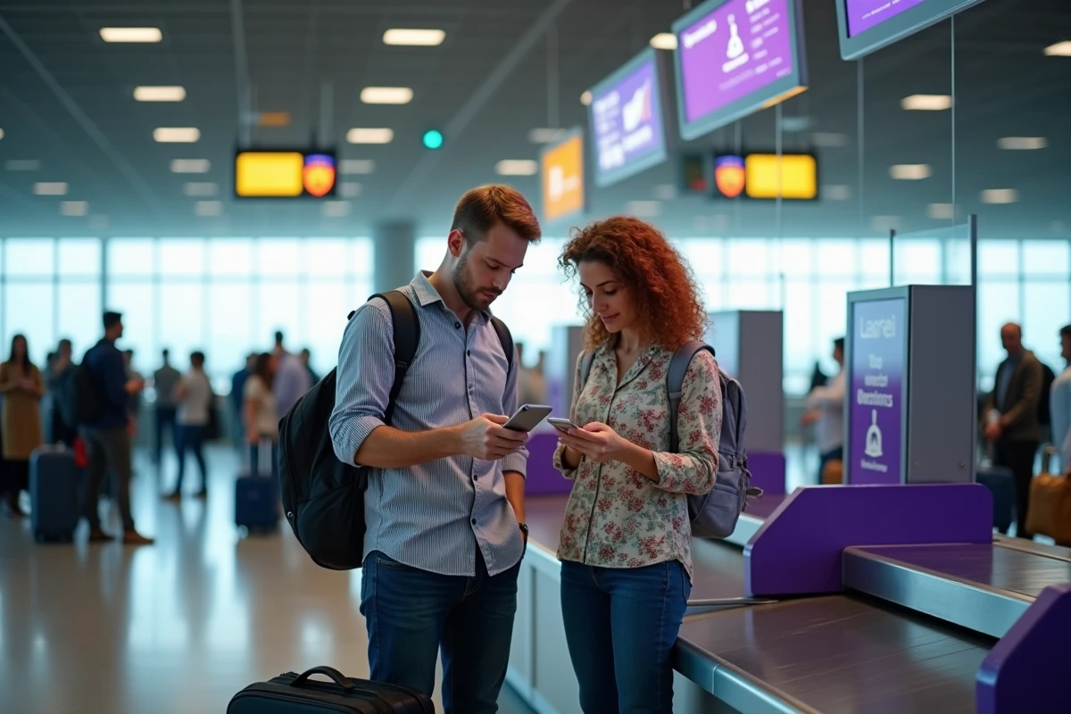 Couple enregistrant leurs bagages au comptoir d'une compagnie aérienne low cost pour un vol long-courrier