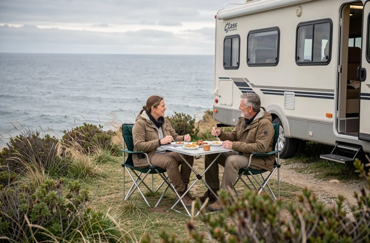 Couple en voyage partageant un repas devant leur hymmer garé sur une falaise côtière avec vue sur la mer