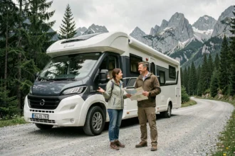 Couple de voyageurs en leur trentaine devant un hymmer Class B garé sur une route de montagne entourée de forêt de pins