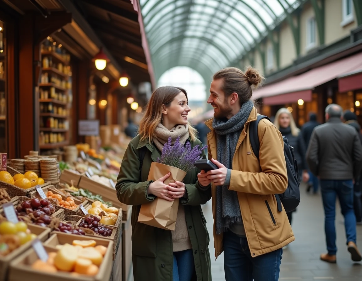 Couple amoureux visitant le marché couvert des Halles de Dijon en automne entouré de produits régionaux bourguignons