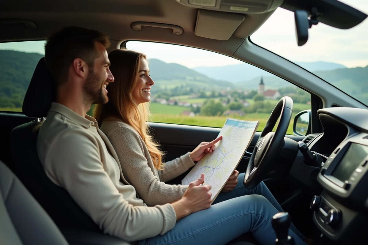 Couple planifiant leur itinéraire de vacances avec une carte Michelin à l'intérieur d'une voiture face à un panorama de campagne française