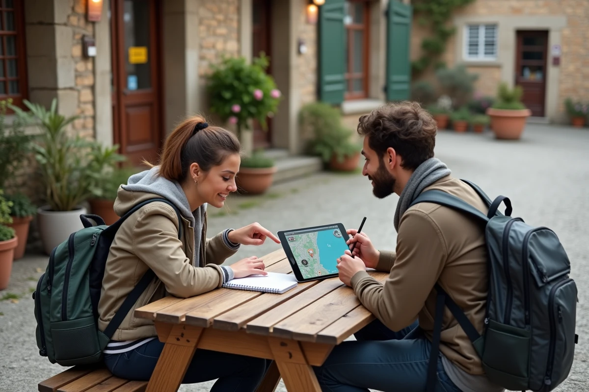 Couple planifie un itinéraire hors connexion sur tablette avec carte GPS téléchargée dans un village rural