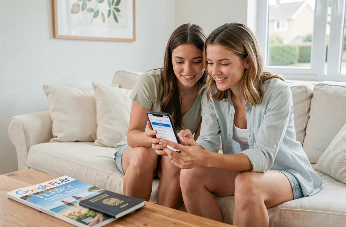 Couple planifiant un voyage avec des dates flexibles sur Google Flights depuis leur salon