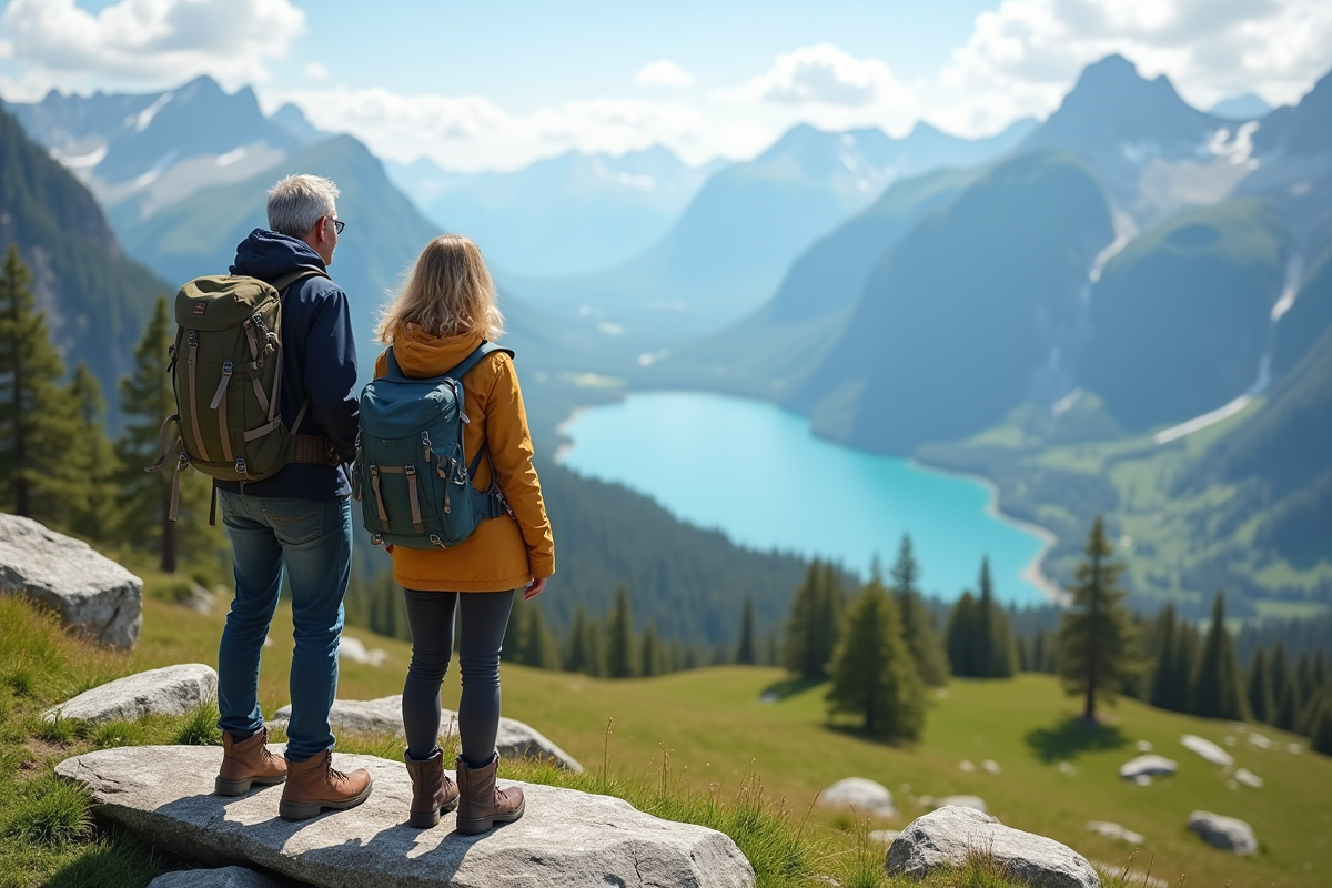 Couple en randonnée dans les Alpes françaises avec vue panoramique