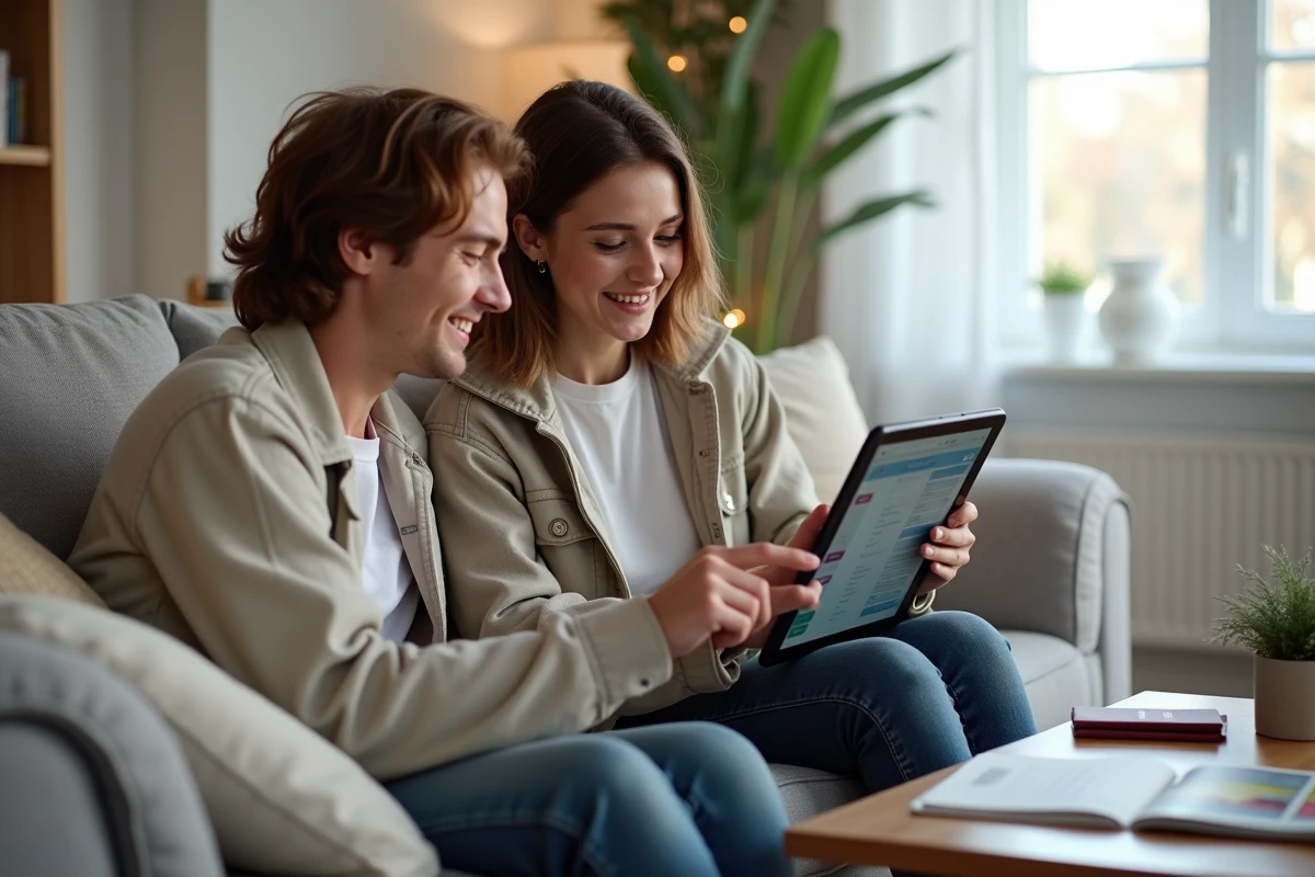 Couple réservant des billets d'avion au meilleur prix sur une tablette dans un salon moderne
