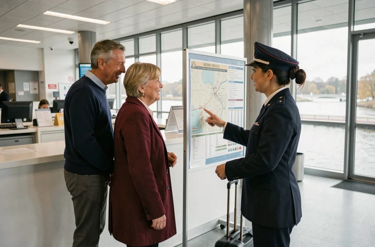 Couple réservant une croisière au comptoir d'un terminal fluvial à Strasbourg