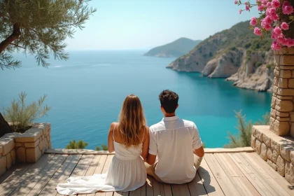 Jeune couple sur terrasse face à la mer Ionienne