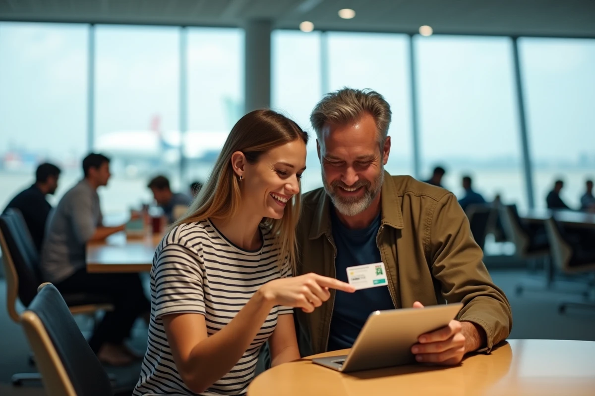 Couple vérifiant le solde de leur carte cadeau voyage Selectour dans un salon d'aéroport