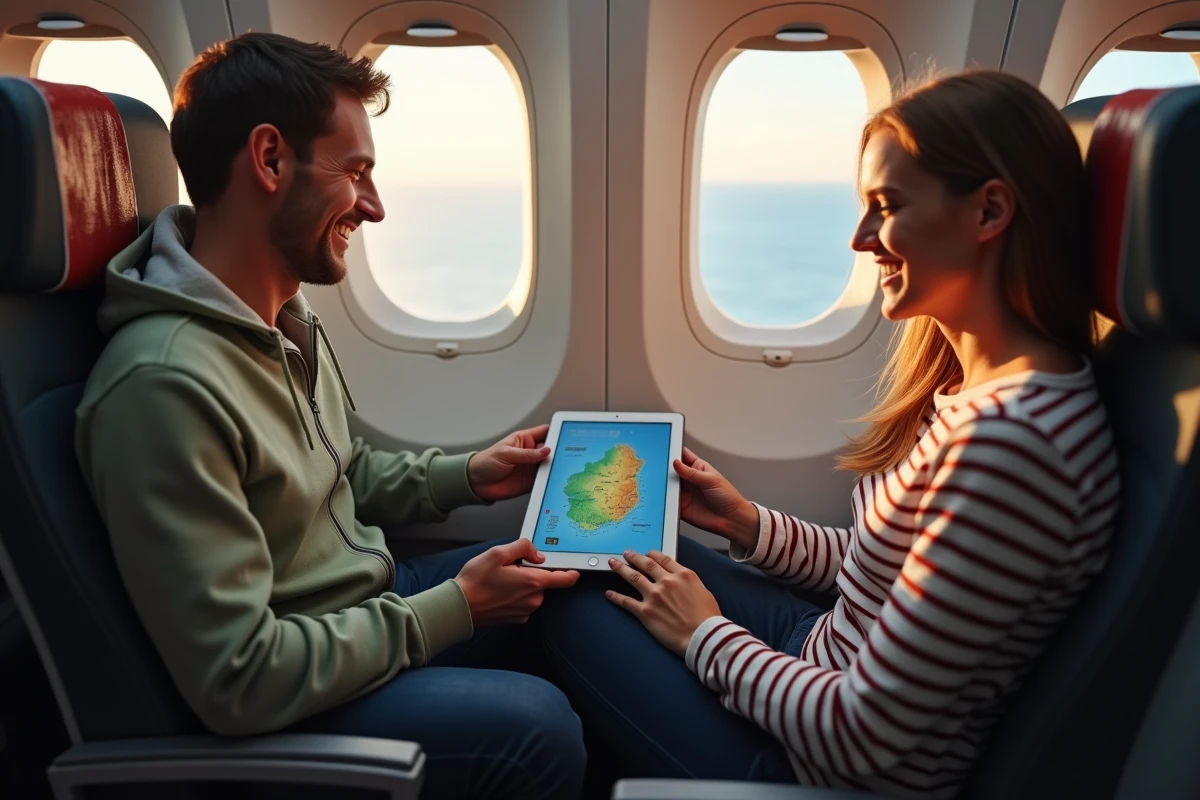 Couple de voyageurs en classe économique planifiant leur itinéraire en Australie pendant un long vol