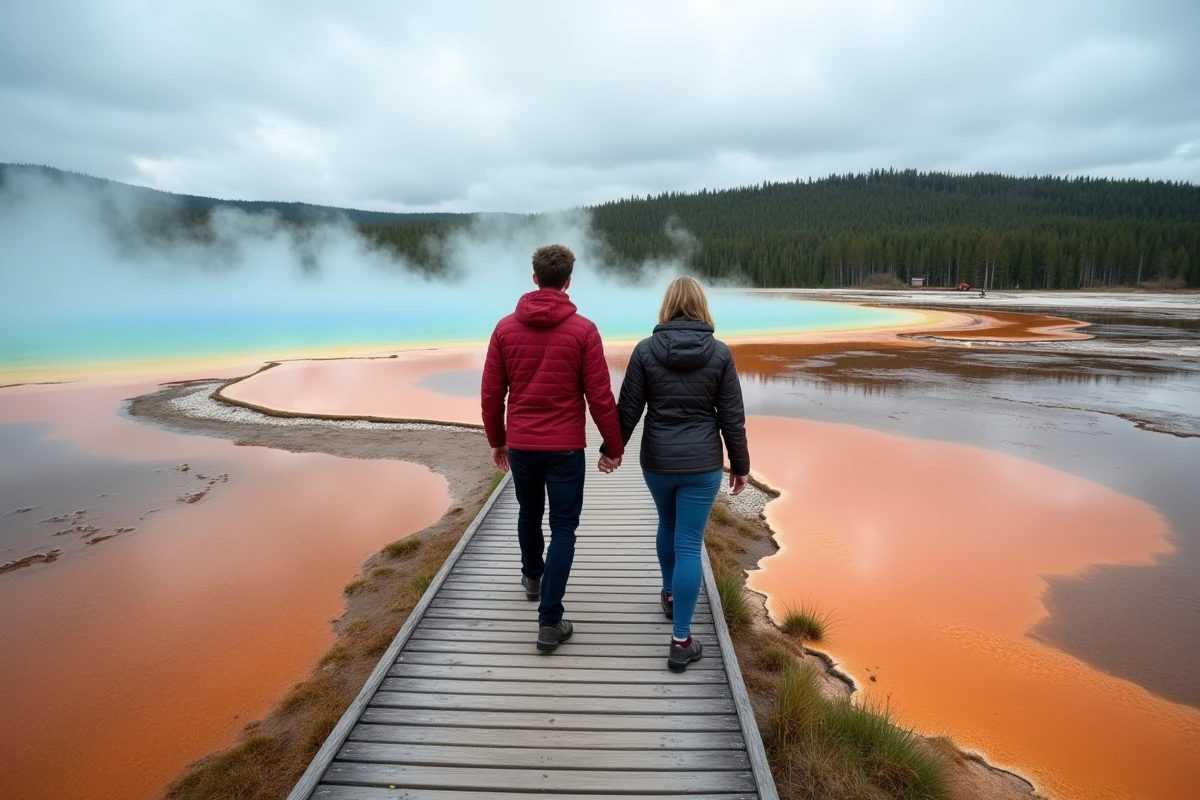 Couple se promenant sur un boardwalk à Yellowstone, sources géothermiques aux couleurs turquoise entourées de forêt