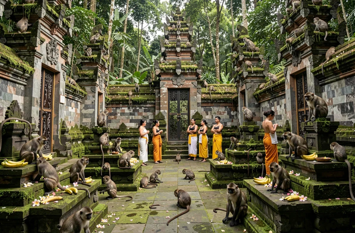 Cour intérieure d'un temple hindou balinais de la Forêt des Singes Sacrés d'Ubud envahie par des singes macaques et visitée par des touristes en sarong