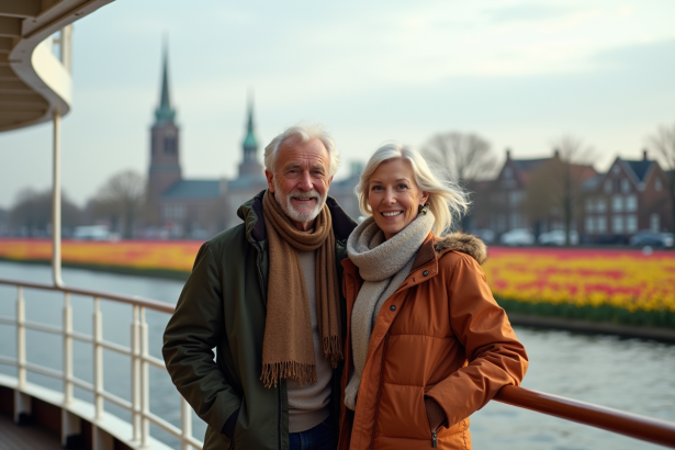 Couple souriant sur un bateau à Amsterdam avec tulipes