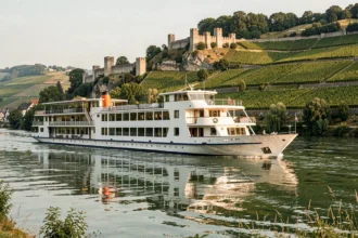 Bateau de croisière fluviale de luxe naviguant sur le Rhin avec vignobles et château médiéval en arrière-plan