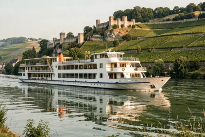 Bateau de croisière fluviale de luxe naviguant sur le Rhin avec vignobles et château médiéval en arrière-plan