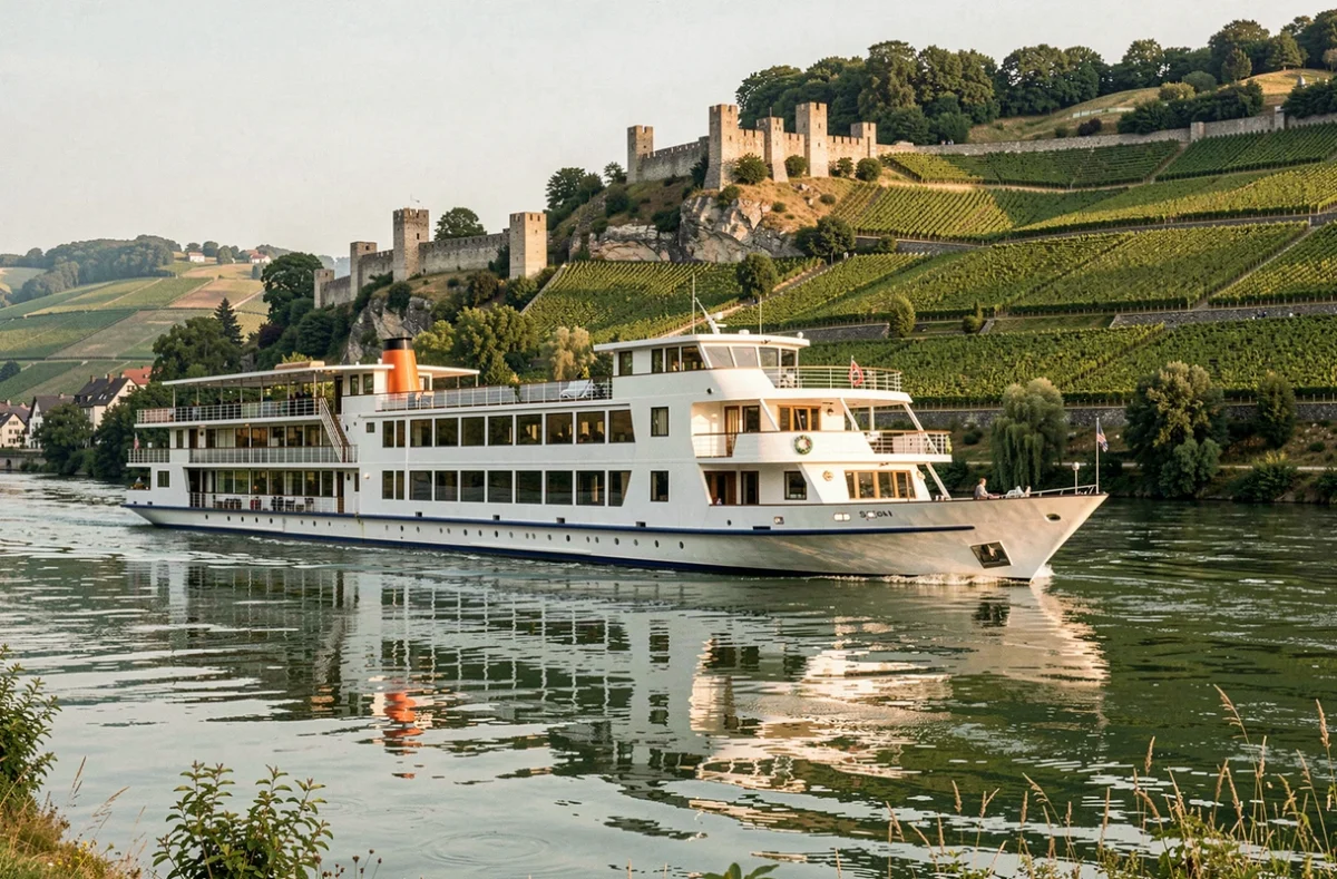 Bateau de croisière fluviale de luxe naviguant sur le Rhin avec vignobles et château médiéval en arrière-plan