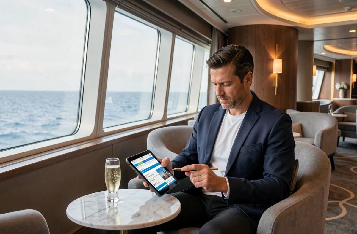 Homme comparant des compagnies de croisière gay sur une tablette dans le salon luxueux d'un paquebot