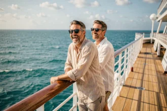 Deux hommes souriants sur le pont d'un bateau de croisière gay friendly, mer turquoise en arrière-plan