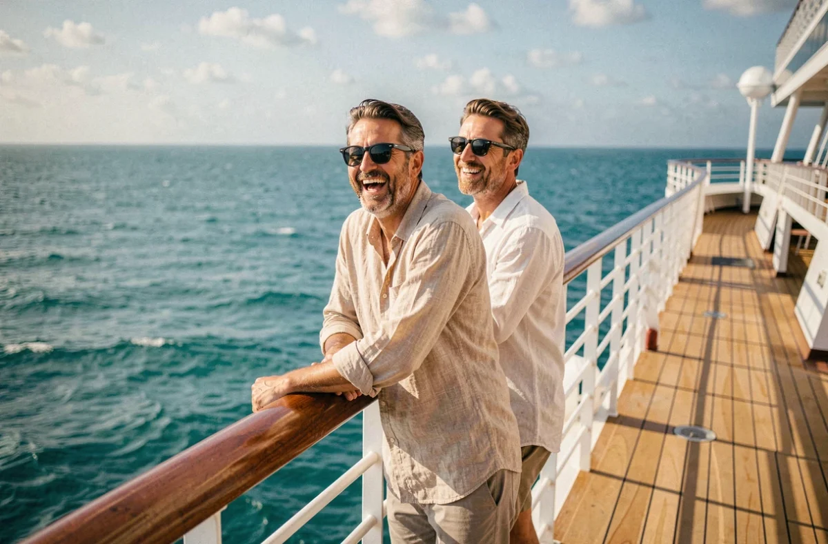 Deux hommes souriants sur le pont d'un bateau de croisière gay friendly, mer turquoise en arrière-plan