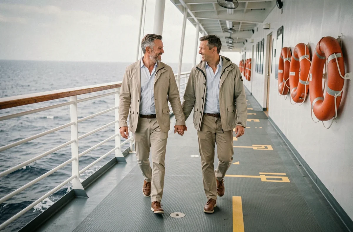 Couple d'hommes se promenant main dans la main sur le pont extérieur d'un paquebot de croisière gay friendly