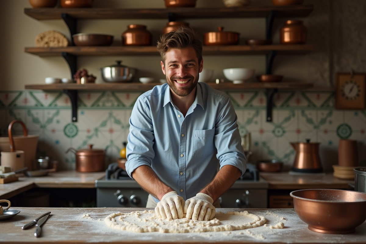 Jeune homme préparant une pâte dans une cuisine portugaise authentique