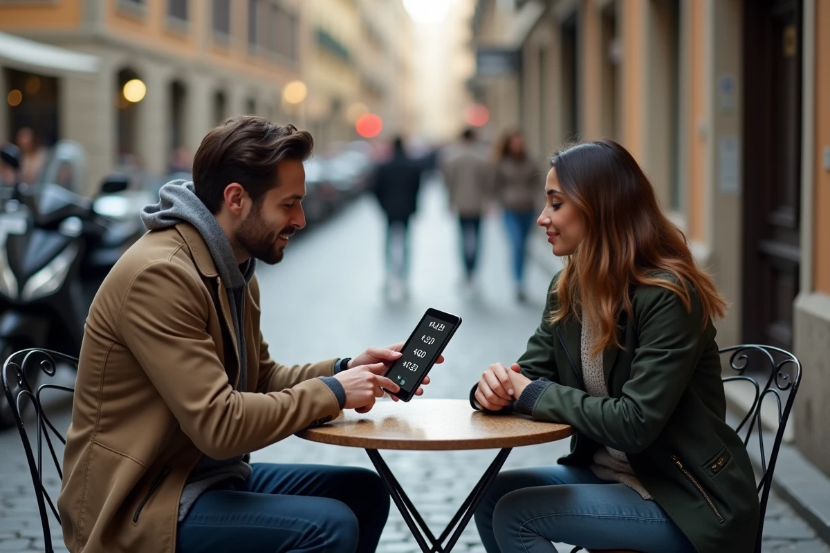 Deux personnes dans un café regardant une tablette affichant des numéros de téléphone italiens avec les formats plus 39 et 0039