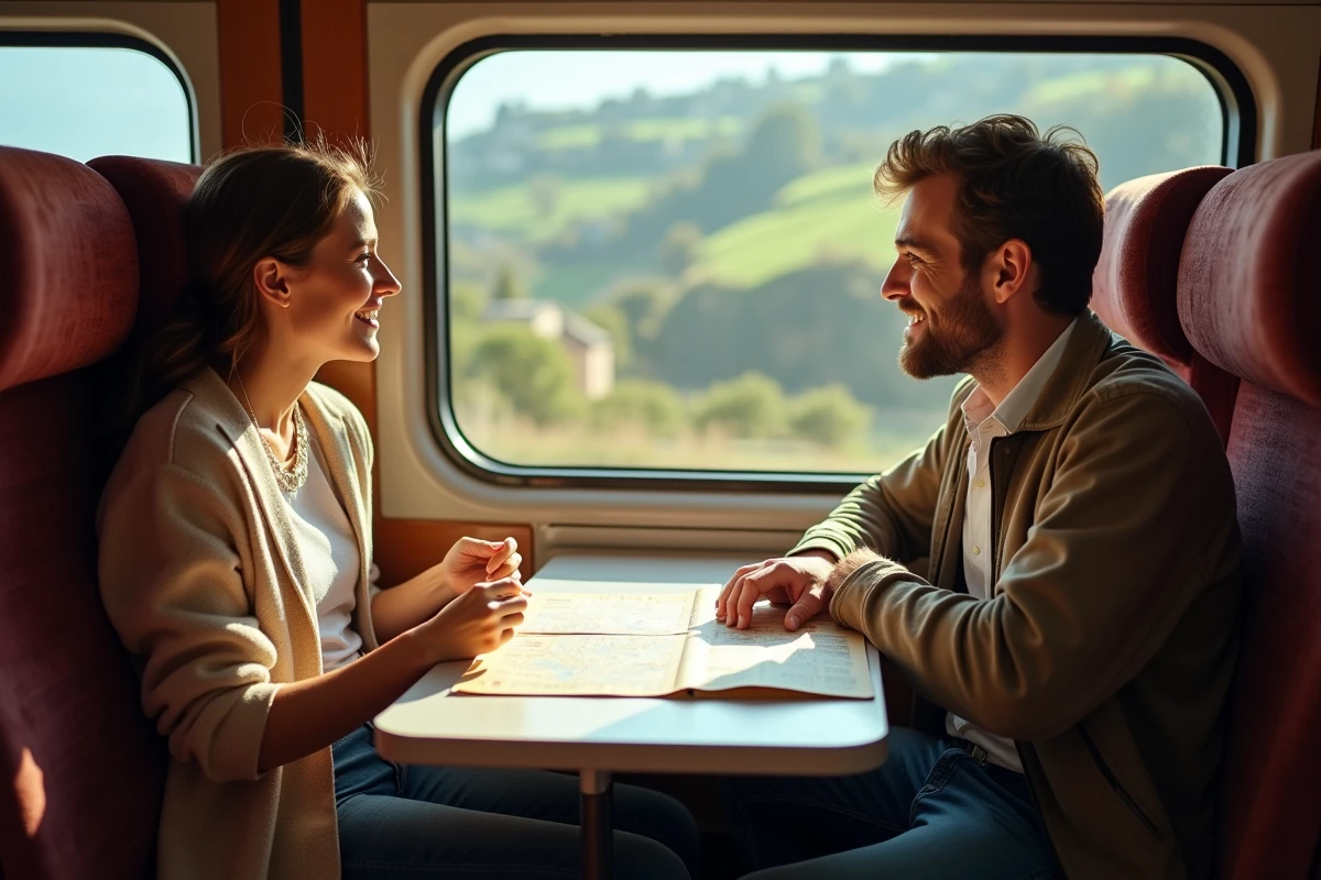 Deux voyageurs planifiant leur itinéraire avec un pass Eurorail dans un compartiment de train en haute saison